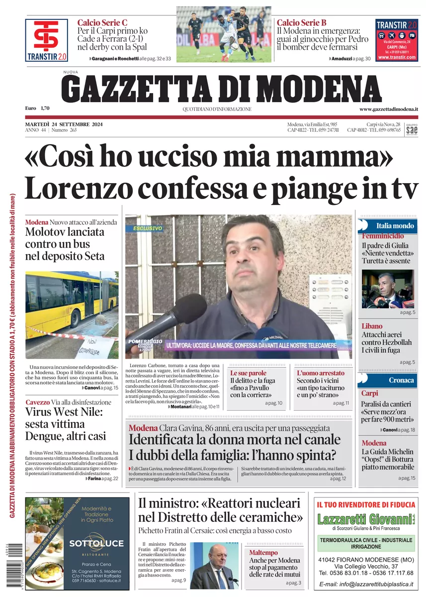 Prima-pagina-gazzetta di modena-oggi-edizione-del-2024-09-24